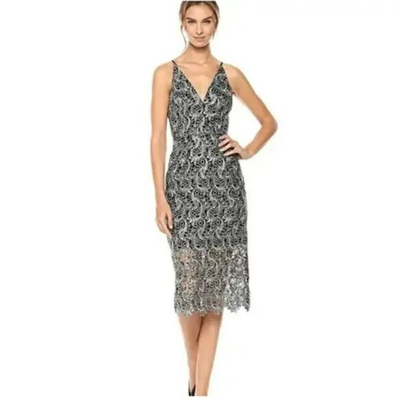 Dress The Population Aurora Lace Plunging Sleeveless Dress Black Gray Lace. M - Picture 1 of 7